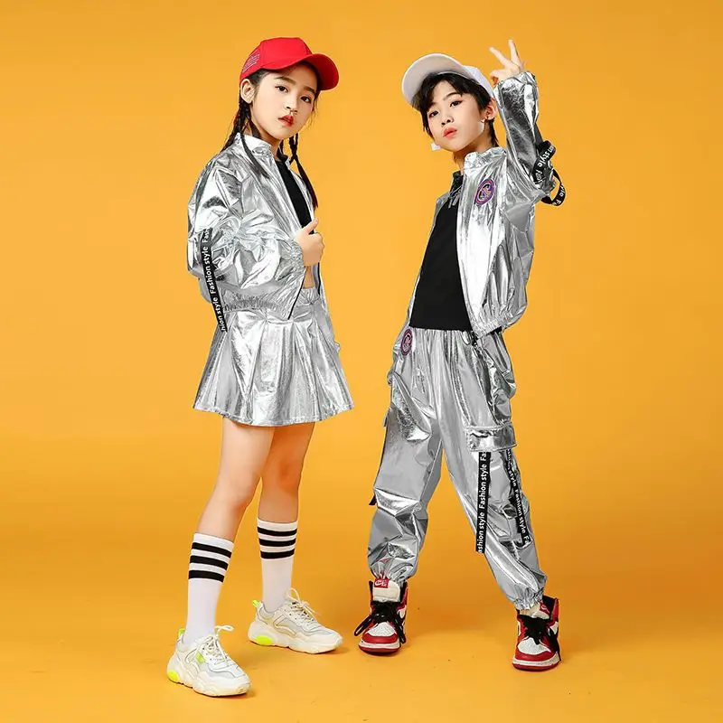 Silver Suit Girls Boys Ballroom Jazz Dance Costumes Hip Hop Shirt Skirt Pants Stage Outfits Kids Dancing Clothes for Child Dance