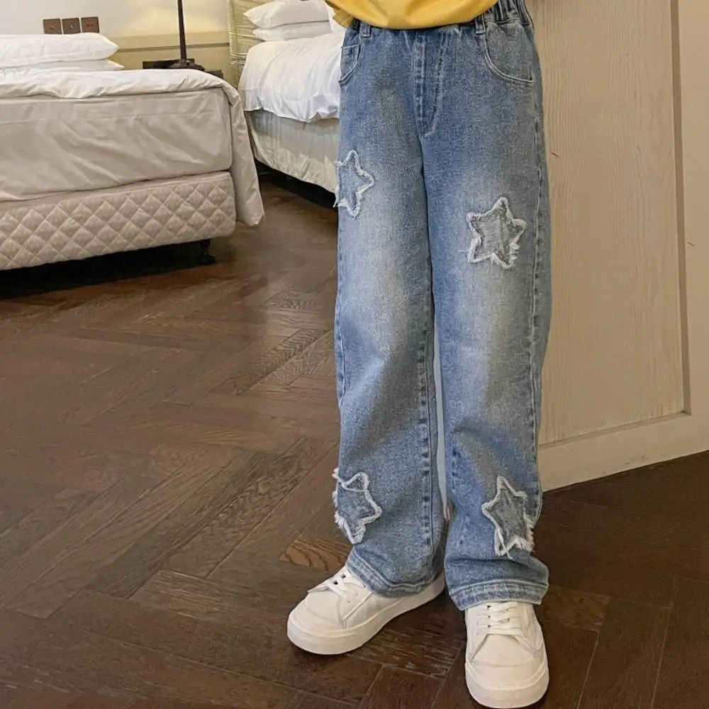 Ins Embroidered Stars Teens Girl Jeans Loose Wide Leg Children Y2K Jeans High Waist Cowboy Pants Girls Denim Trousers Girls Gift