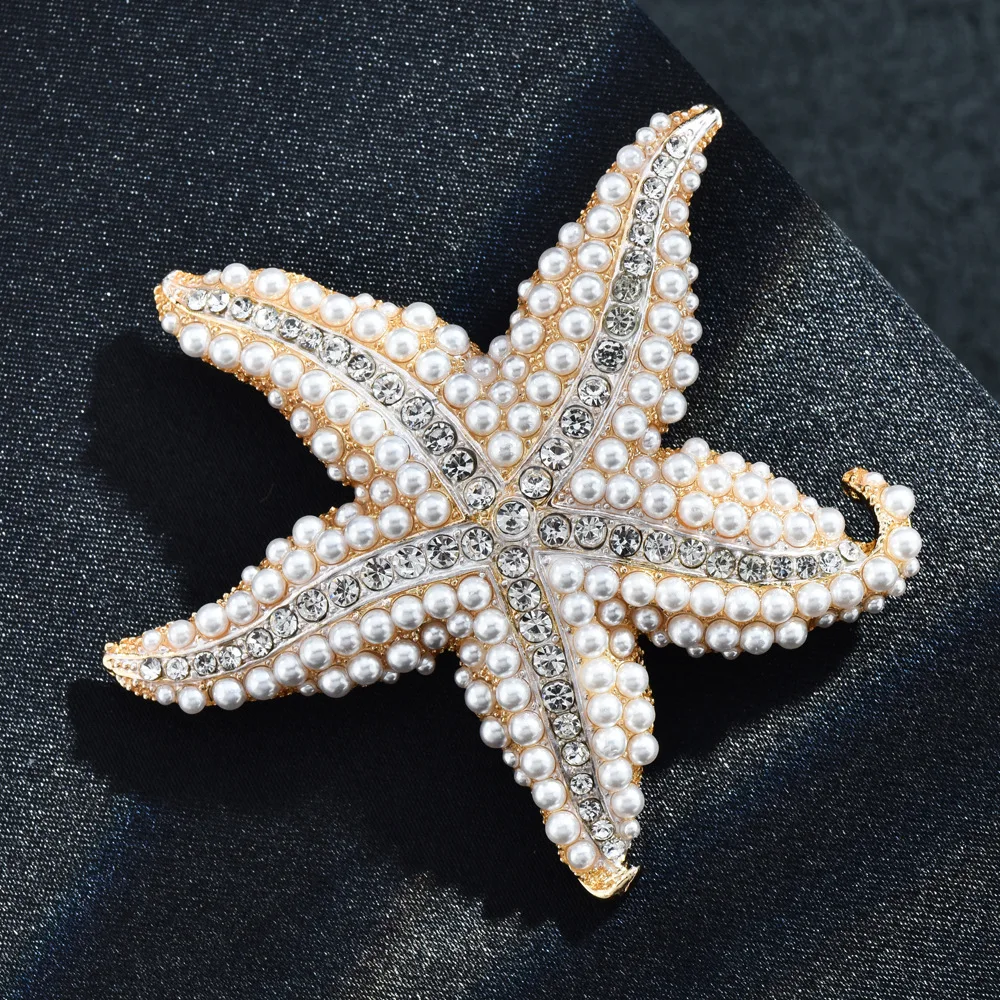 Vintage Women Men Fashion Exquisite Pearl Crystal Seastar Brooches Badges Elegant Lady Party Wedding Sea Animal Pines Buckles