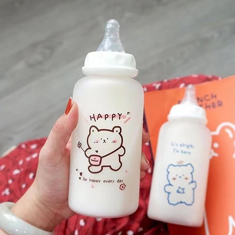 Cute Plastic Strawberry Bear Water Bottle 1PC 400ml for Kids Adult Milk Juice Straw Cup Frosted Leakproof Drinking Bottles for Water Bottle