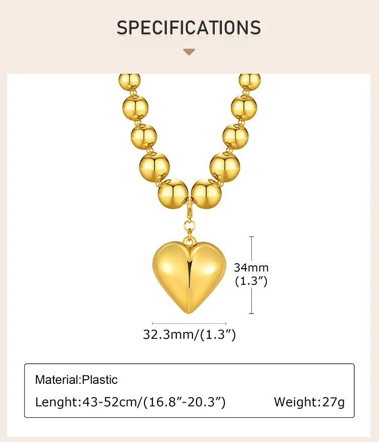 Chunky Heart Pendant Choker Necklace for Women, Oversize Beaded Chain Stylish Jewelry