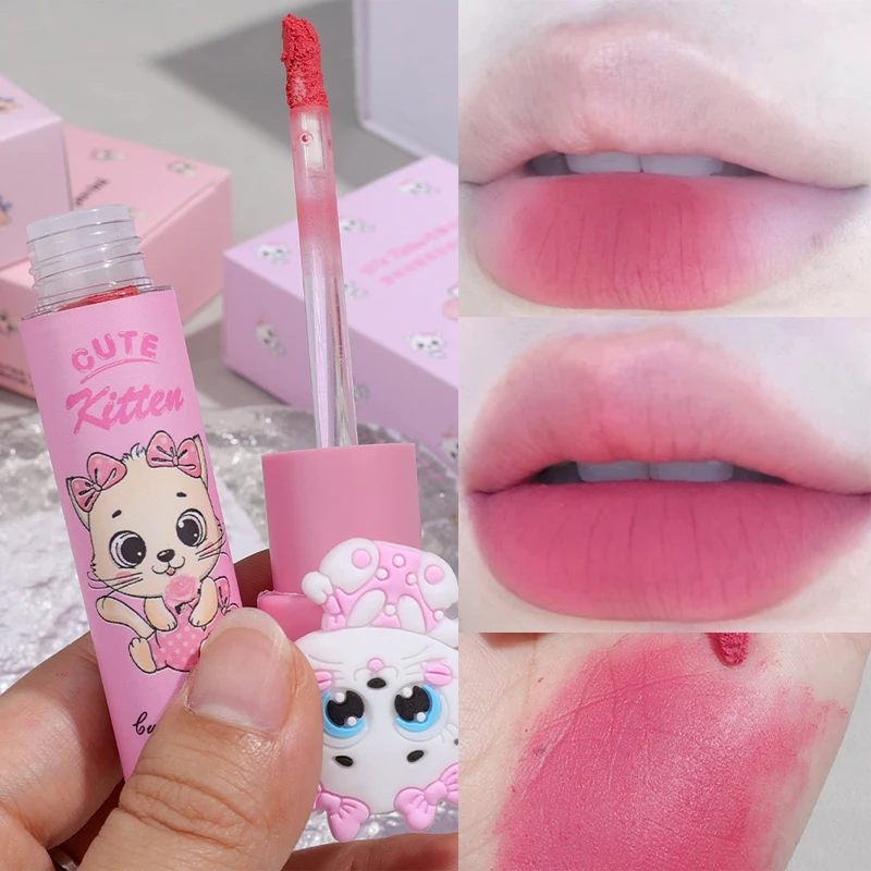 Cute Cat Matte Lip Mud Lipstick Velvet Sexy Nude Pink Lip Gloss Women Lasting Waterproof  Easy To Wear Lip Tint Korean Cosmetics