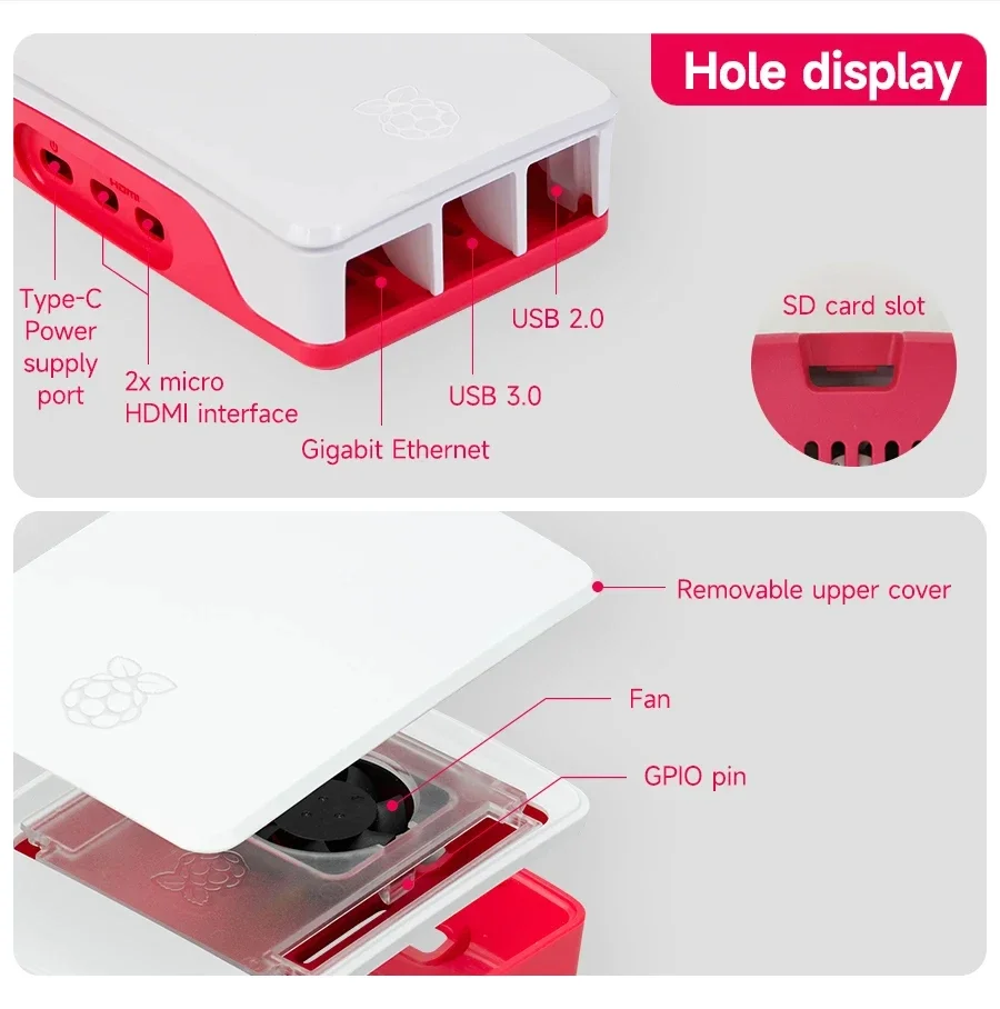 Official Raspberry Pi 5 Case Red White ABS Shell with Fan Support Cluster Stacki