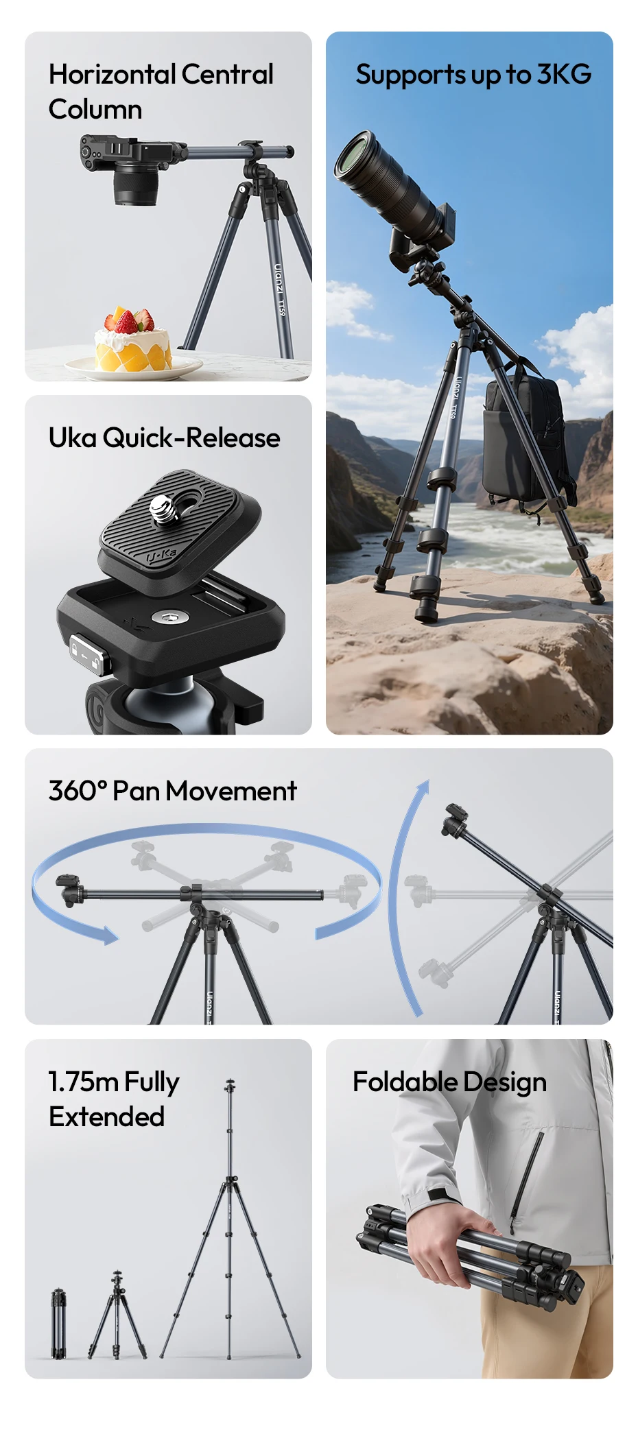 TT59 Horizontal Center Column Tripod 0.1-1.75M for DSLR Camera Video Light for O