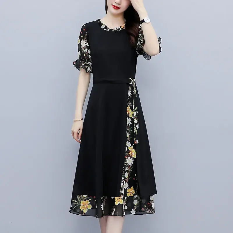 

Office Lady Black O-neck Patchwork Floral Short Sleeve Empire Belt Dress Fashion Summer Elegant Pullover Women's Clothing P11