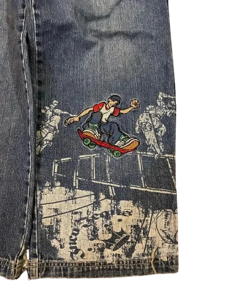 JNCO 힙합 스케이트보드 청바지, 그래픽 자수, 레트로, 블루, 헐렁한 청바지, 하라주쿠, 하이 웨이스트, 와이드 팬츠, 스트리트웨어