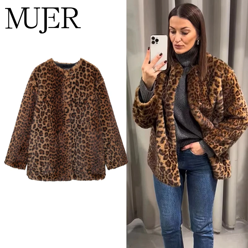 MUJER Leopard Print Lange Jacke Frauen Faux Pelz Winter Mantel Weibliche Outer Plüsch Jacke Frauen Langarm Jacken für Frauen
