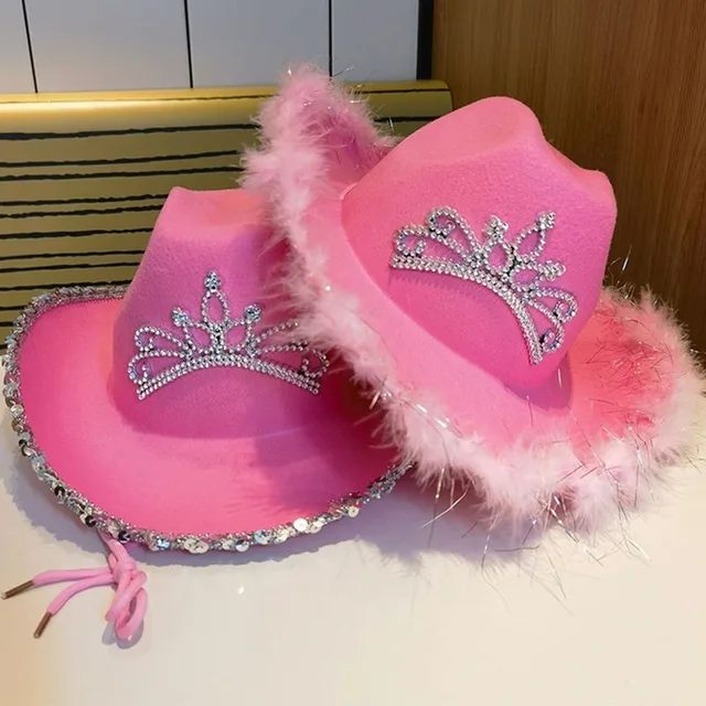 Crown Pink West Cowboy Hat Western Cowgirl Stetson Women Girls Feather Edge Shiny Sequins Tiara Cowgirl Hats Party Fedora Caps 2