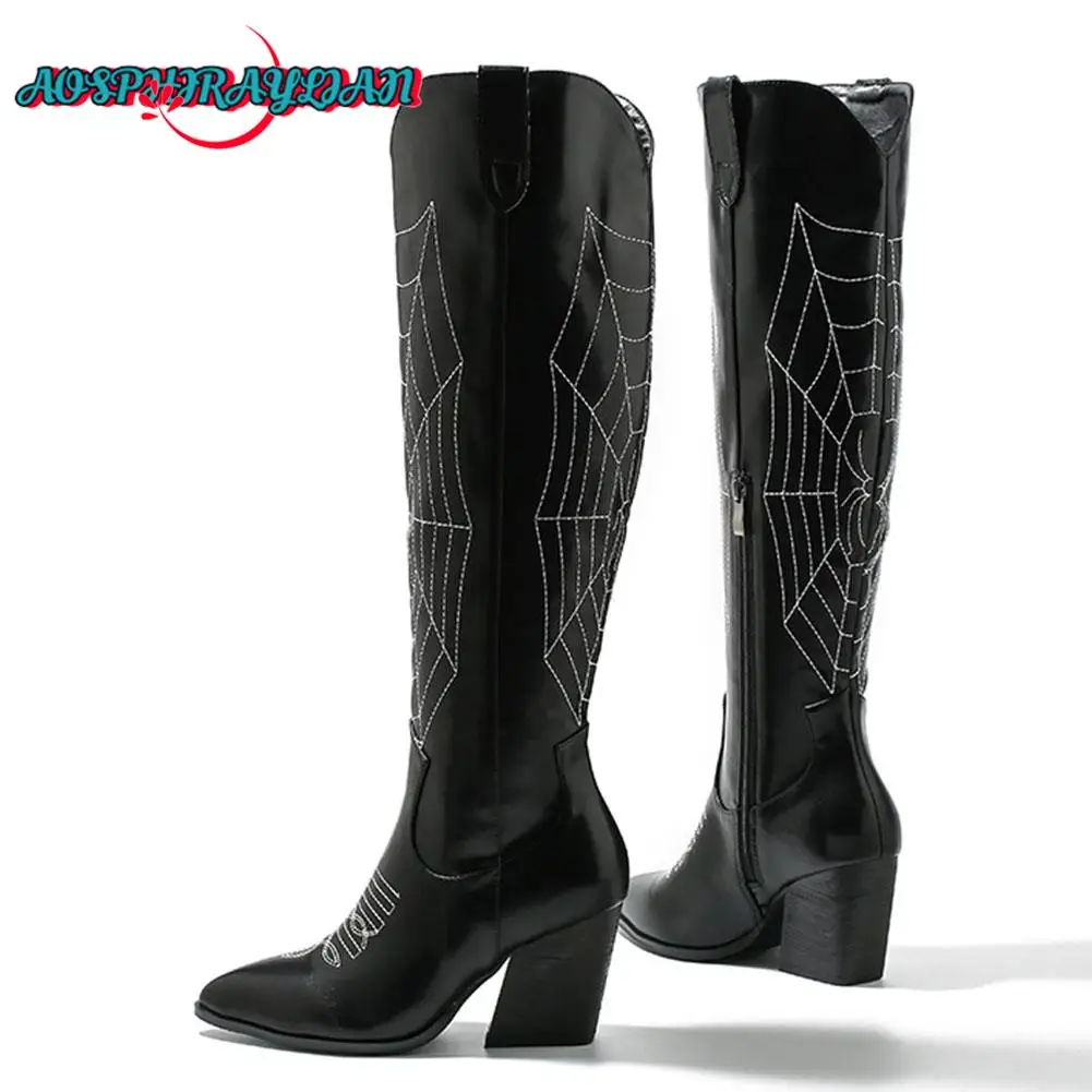 Brand Ladies Pointed Toe Knee High Cowboy Boots Fashion Embroider Cobwebs Chunky Heel women's Cowgirl Boots Party Woman Shoes