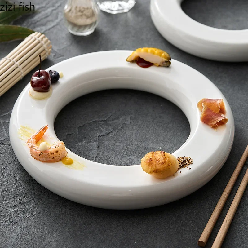 Pure White Ceramic Doughnut Dinner Plate Afternoon Tea Dim Sum Sushi Plate Dessert Snack Restaurant Specialty Tableware