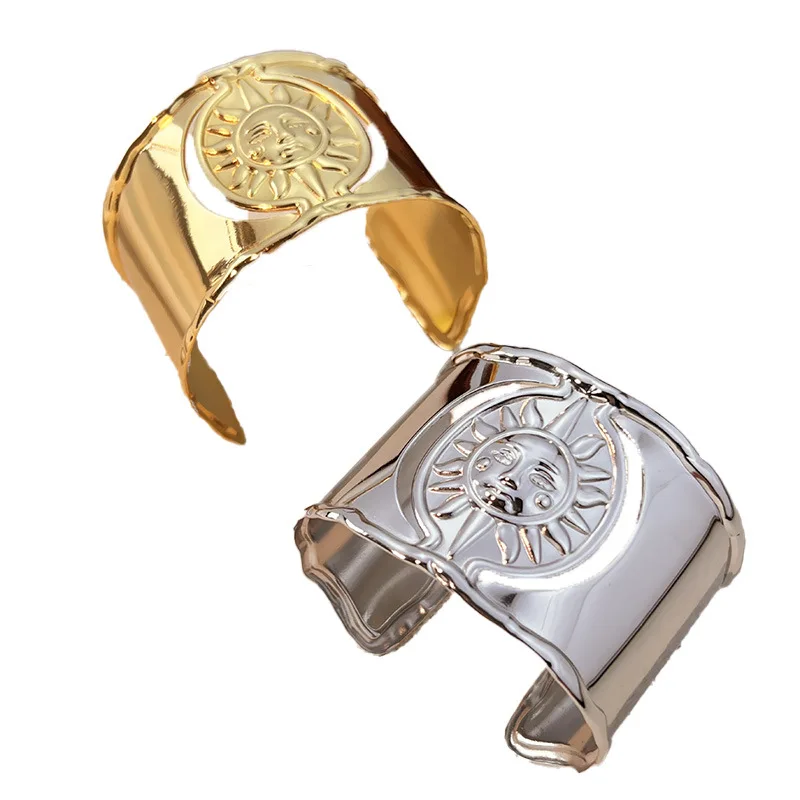 Stainless Steel Gold Plated Wrist Cuff Bangle Bracelet for Women Sun Pattern Texture Trendy Jewelry Party Gift Wide Bangles New