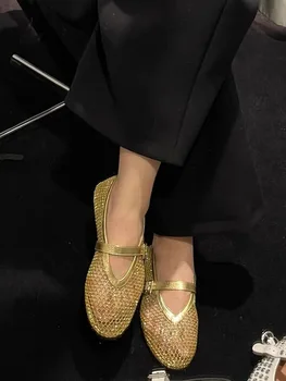 Net flat fashion sandals new summer round head breathable non-slip line button Mary Jane fishnet shoes ladies shoes 1