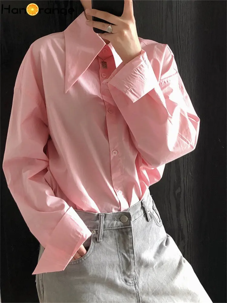 

HanOrange 2023 Spring Fashion Retro Point Collar Silhouette Shirt Women Loose Pure Cotton Long Sleeve Top Female White/Pink
