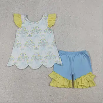 Abbigliamento per bambini da boutique per neonati, set di vestiti per bambine con fiocco, fiori, motivo a quadri, tunica con bordo smerlato e pantaloncini con volant, abbigliamento per neonate.