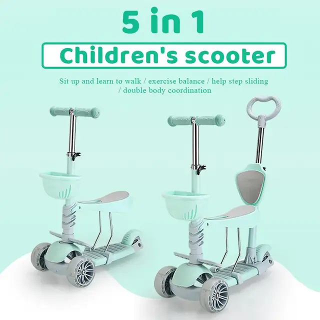 Kids Swing Car 5 In 1 Folding Foot Scooters Balance Bike Baby Stroller Adjustable Height Skateboard Car Outdoors Sport Toys Gift 2