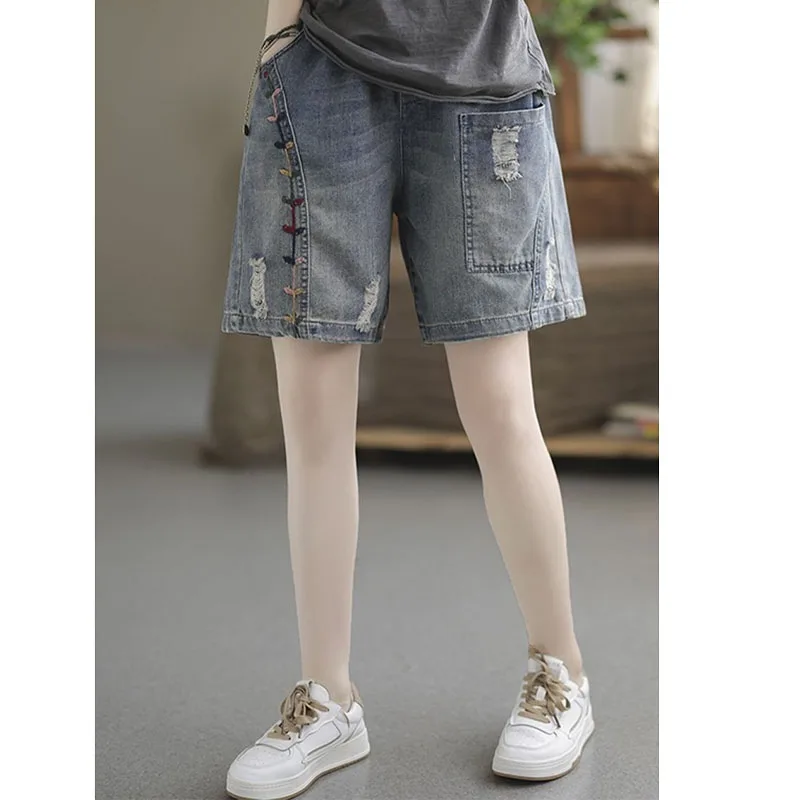 Trend Summer Fashion Pockets Patchwork Denim Shorts Female Casual Vintage Elastic High Waist Wide Leg Shorts Women's Clothing