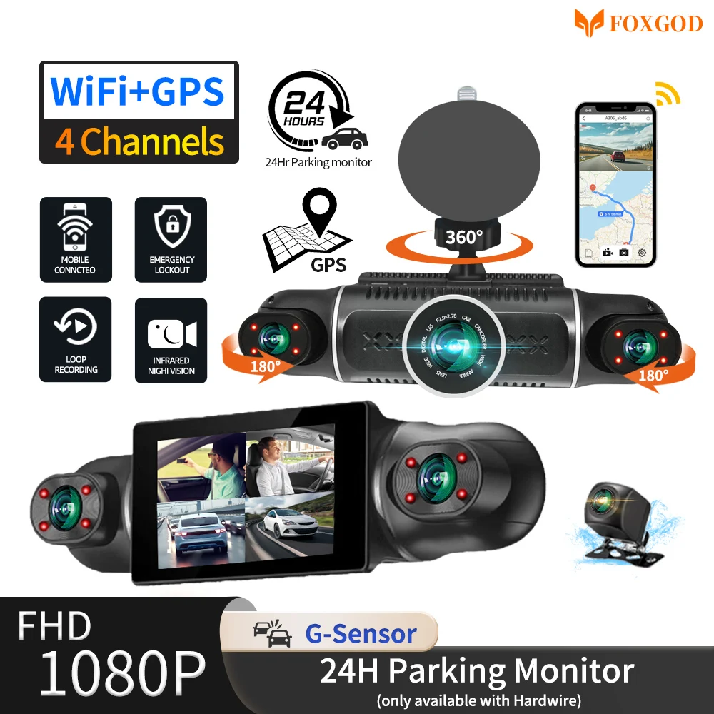 자동차 DVR 대시 캠 WiFi GPS FHD 4 렌즈 * 1080P 대시 보드 카메..