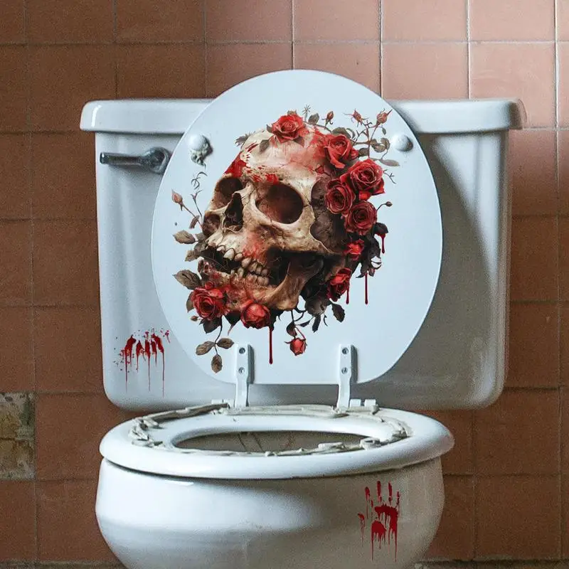 Funny Toilet Seat Lid Stickers Self-Adhesive Removable Toilet Seat Decals Skull Bathroom Wall Decals Skull Horror