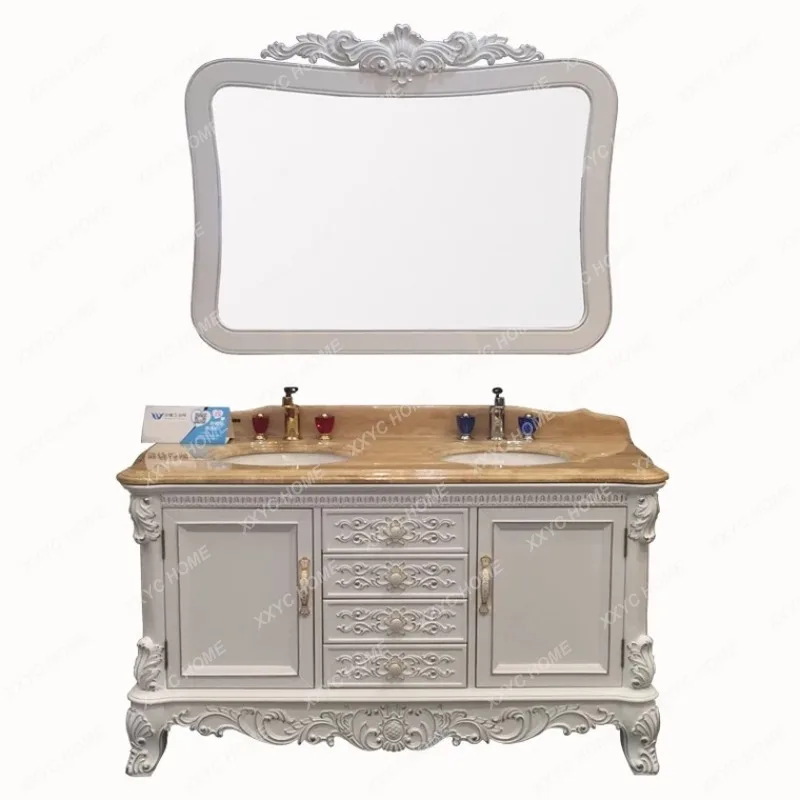 

European-Style Bathroom Cabinet Combination Marble Antique Double Basin Mirror Cabinet Solid Wood Washstand Wash Basin