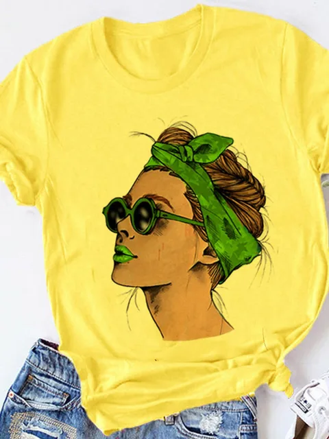 Yellow T-shirt Women Summer Print Lady Casual T Shirt Tops Harajuku Streetwear Short Sleeve Tshirt,Drop Ship P6018G-Yellow