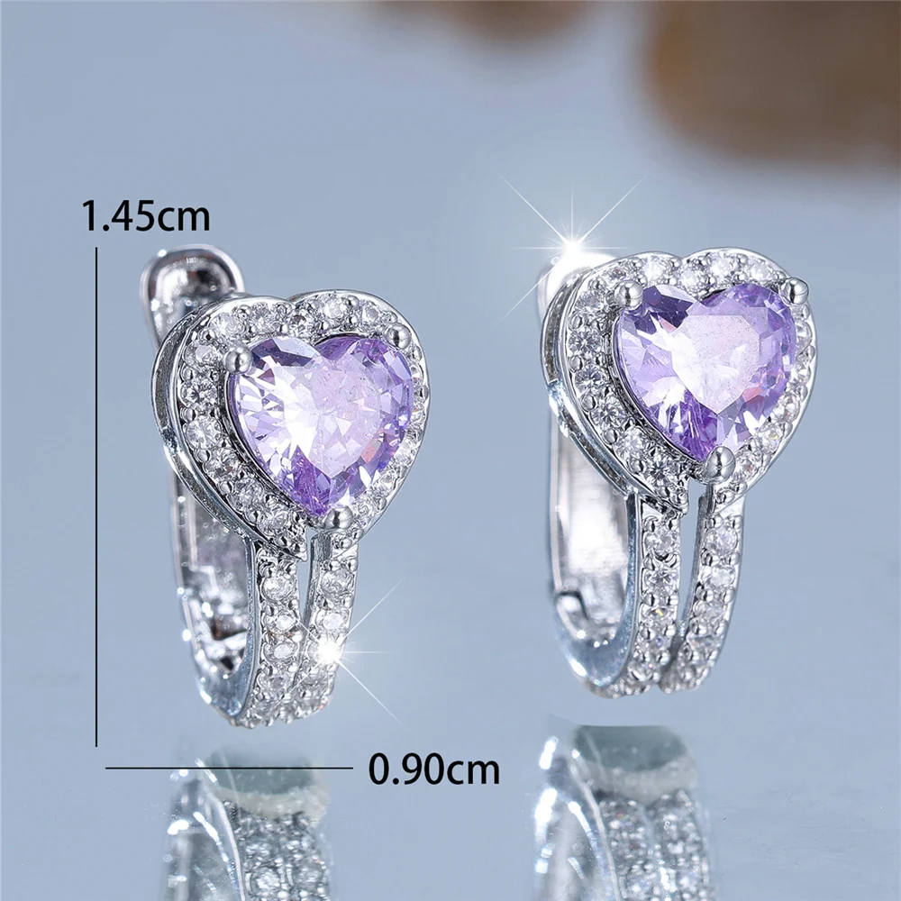 Charm Female Small Angel Purple Zircon Stone Heart Hoop Earrings Vintage Silver Color Simple Wedding Jewelry For Women
