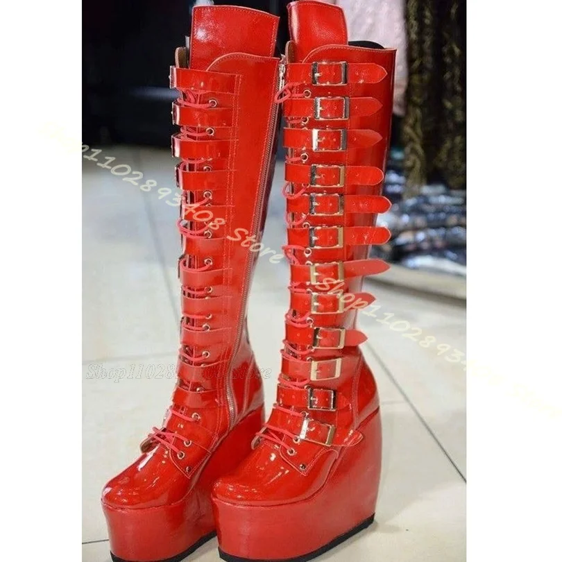 

Red Wedges Heels Belt Buckle Boots Round Toe Side Zipper Patent Leather Shoes Spring Punk Style Women Boots Zapatos Para Mujere