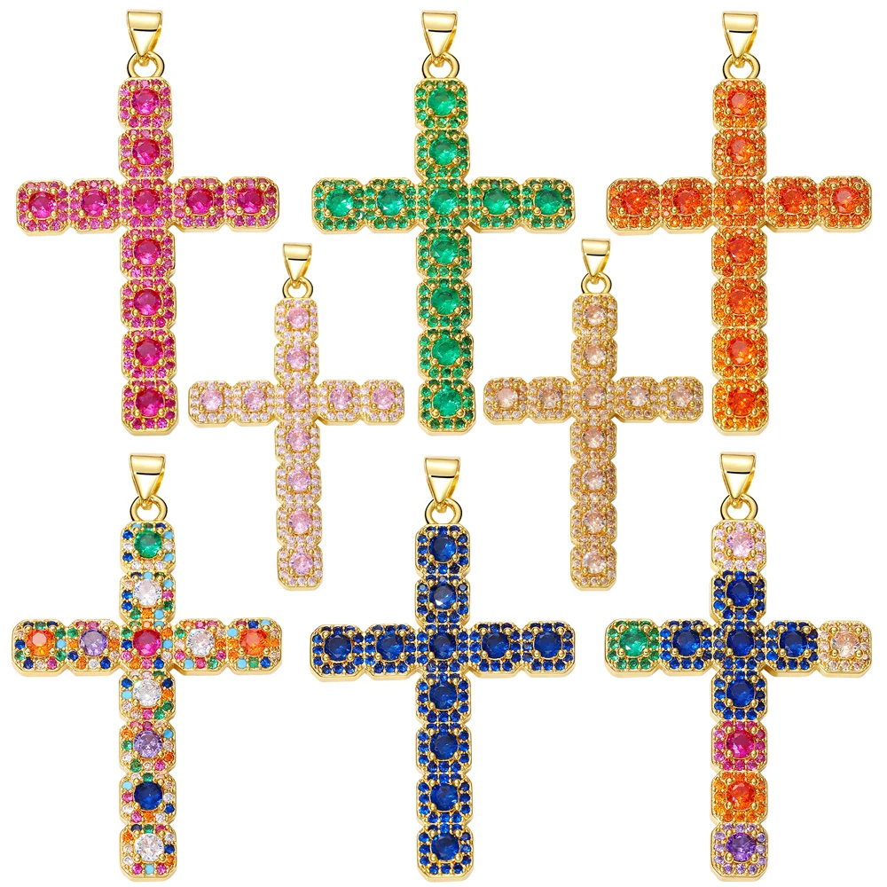 Juya DIY Religious Jewelry Supplies Handmade Colorful Cubic Zirconia 18K Real Gold Plated Saint Christian Cross Charms Wholesale