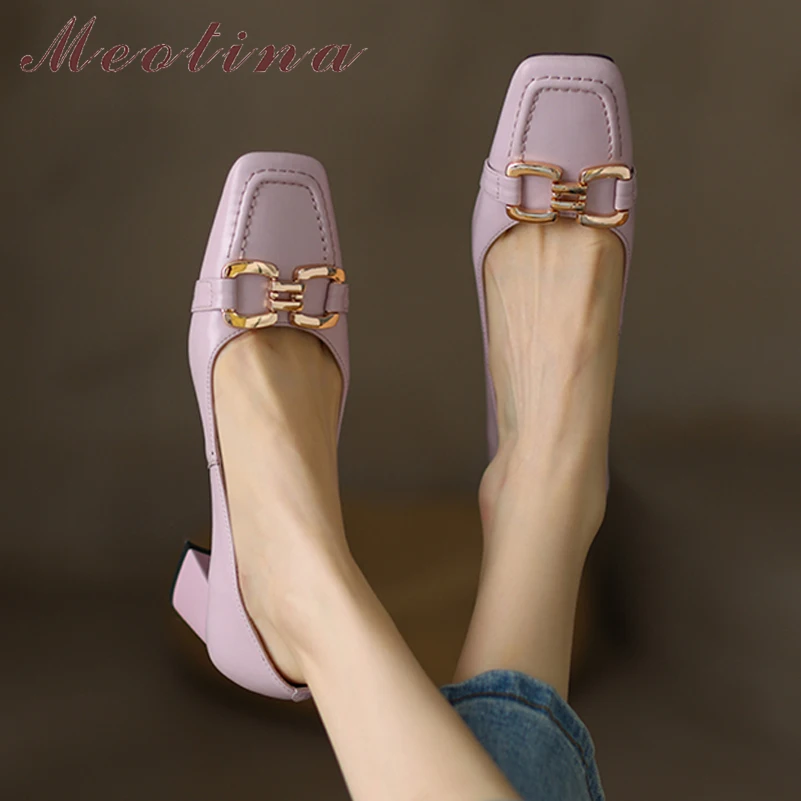 

Meotina Women Fashion Shoes Genuine Leather Thick Heels Metal Decoration Pumps Elegant High Heel Ladies Footwear Spring Beige 42