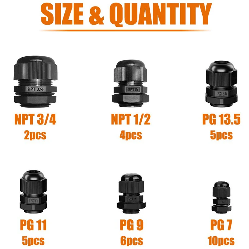 32pcs Nylon Cable Gland Waterproof IP68 Adjustable 3-18mm, NPT 3/4, NPT 1/2, PG13.5, PG11, PG9, PG7 (Black)