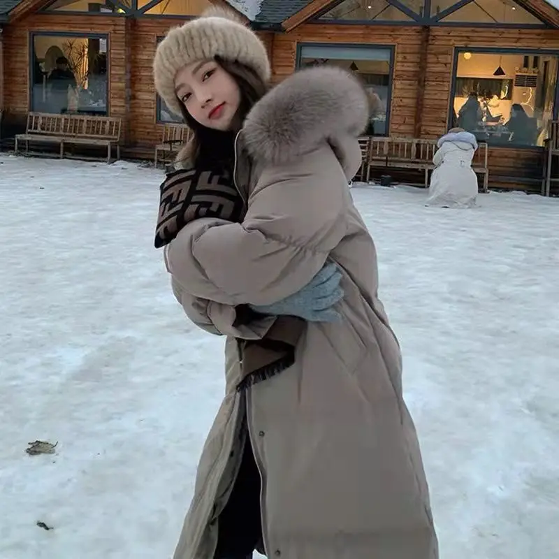 

Winter Faux Fur Collar Long Hooded Down Jacket Women Loose Warm Jackets Korean Fashion Snow Wear Parka Quilted Overcoats R461