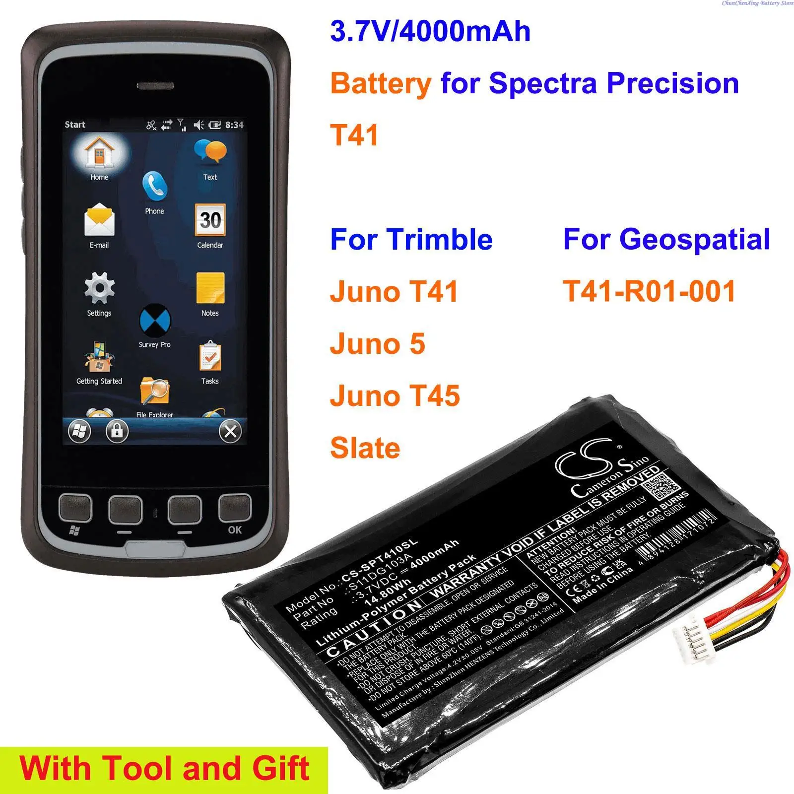 Cameron Sino 4000Mah Batteria Per Spectra Precision T41, Per Trimble Juno T41,Juno 5, Juno T45, Ardesia, Per T41-R01-001 Geospaziali