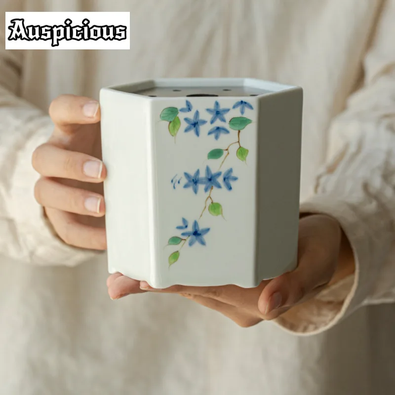 550ml Underglaze Color Hexagonal Tea Washing Hand-painted Small Blue Bud Chaxi Ceramic Jianshui Tea Wash Cha Ornaments Gifts