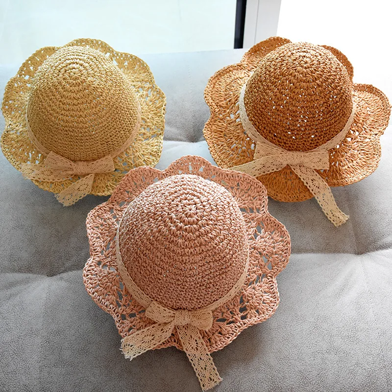 

Children's Summer Breathable Handmade Straw Hat Little Girl Bow Shade Princess Sunscreen Cute Bucket Cap
