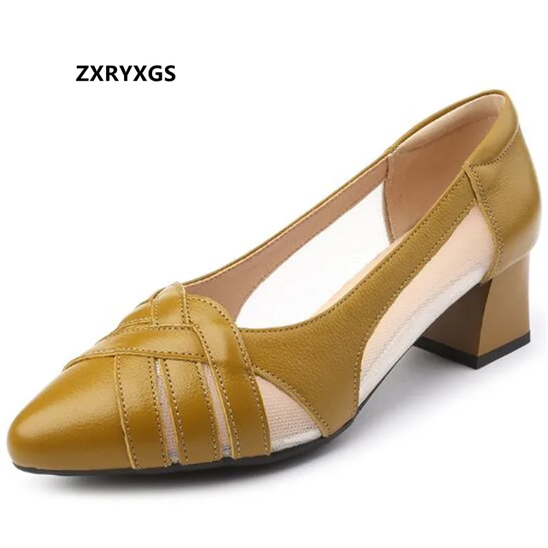 

ZXRYXGS Pointed Premium Cowhide Mesh Elegant Temperament Sandals Women Shoes Sandals 2022 Plus Size Soft Sole Thick Heel Sandals