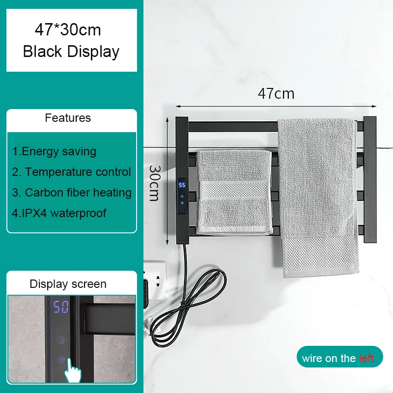 Scaldasalviette Elettrico 175W, 50x70 Cm Nero, Temperatura Regolabile 30-70°C, Timer 1-9h, IP47, Touch Screen LED