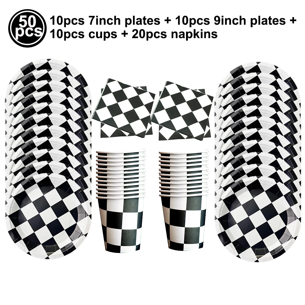 Racing Car Theme Birthday Party Supplies Set with Checkered Design - Includes Balloon Banner, Plates, Cups, Napkins, Food Boxes, and Gift Bags