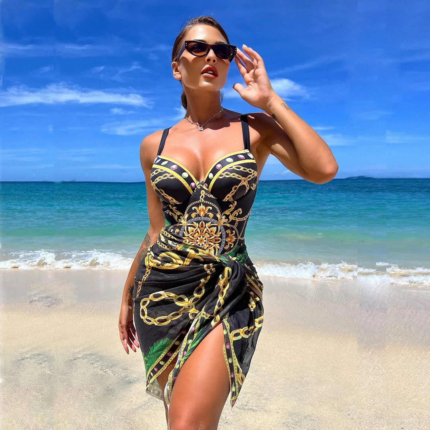 Print Push Up One Piece Swimsuit With Beach Skirt V Neck Swimwear Women Beachwear Bathing Suit Vintage Monokini Summer one piece swimsuit