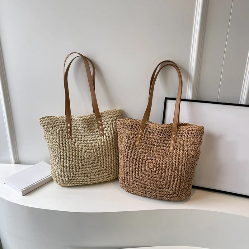 Simple and Large-capacity Straw Woven Bag Fashion Summer Beach Women's Shoulder Bag Trendy Zipper Handbags for Girls