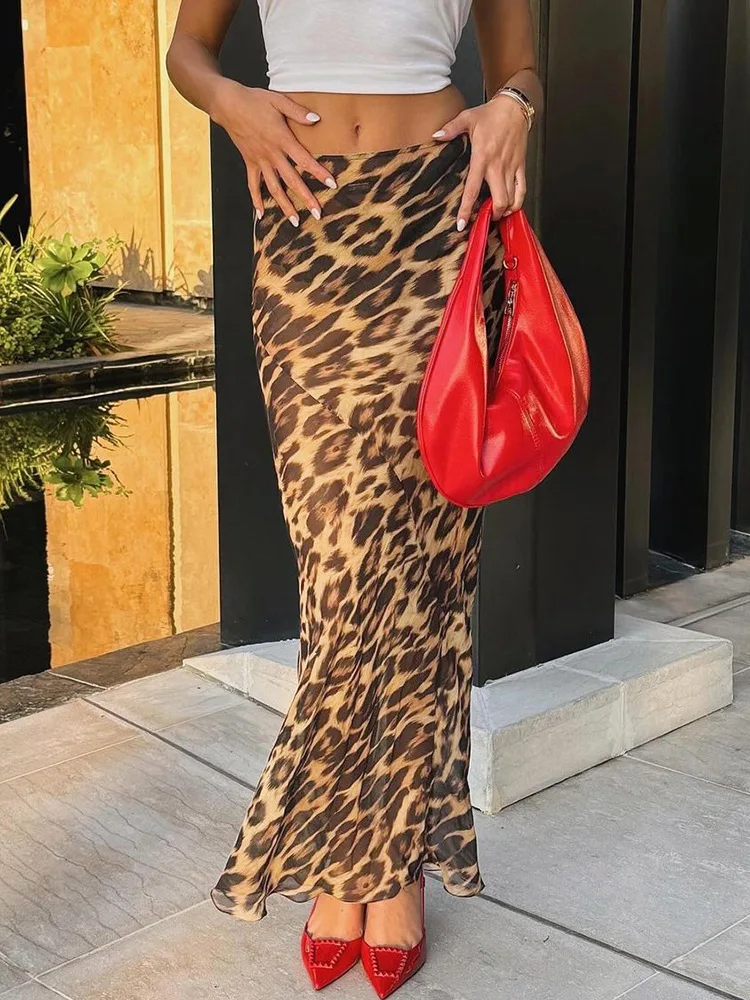 

JULISSA MO Print Leopard See Through Chiffon Women Skirt High Waist Long Skirt Female Summer Skinny Elegant Party Beachwear 2024