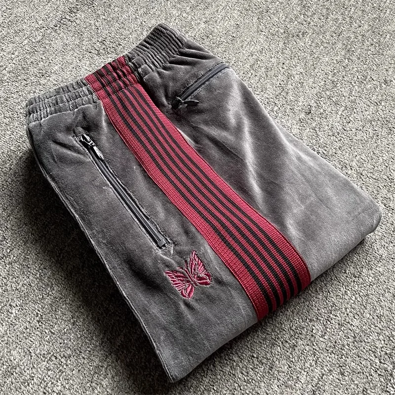 Butterfly embroidery velvet track sweatpants men women oversized striped pants casual sports pants