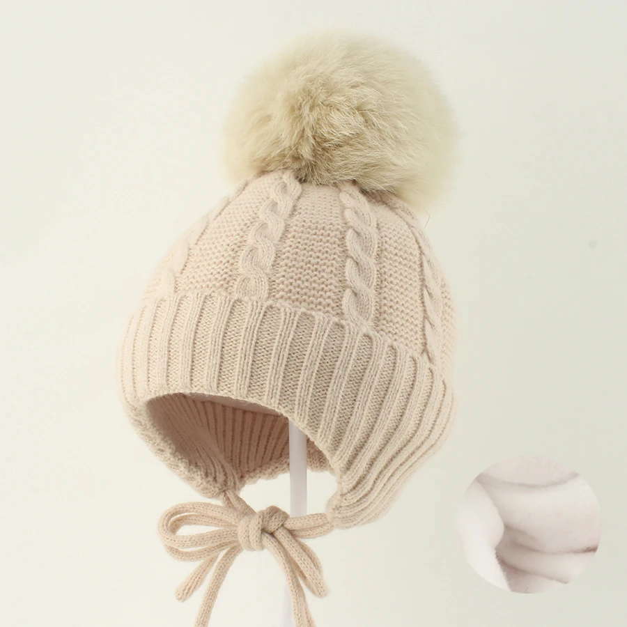 Winter Baby Hat Echte Fell Pompon Beanie Nette Motorhaube Fleece Futter Ohr Schutz Jungen Mädchen Kappe Warme Häkeln Hut Für kinder – Detail 11