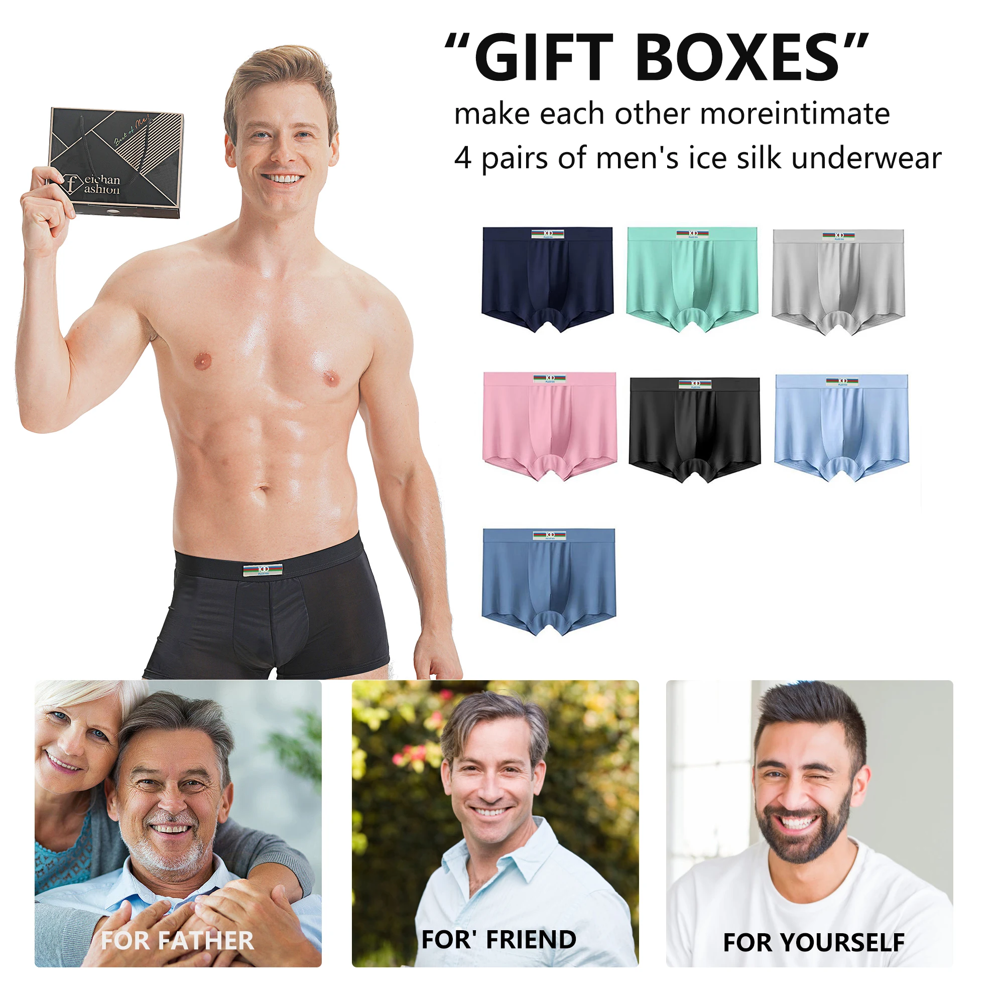 100  Men's Boxer Briefs Underwear Ice Silk Seamless Ultra Thin Breathable Panties Short Leg Underpants men lingerie gift box