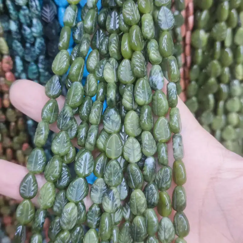 

Natural Olives Jades Stone Spacer Loose Beads 8x11mm Carve Leaves Shape DIY Jewelry Making 32Pcs a3697