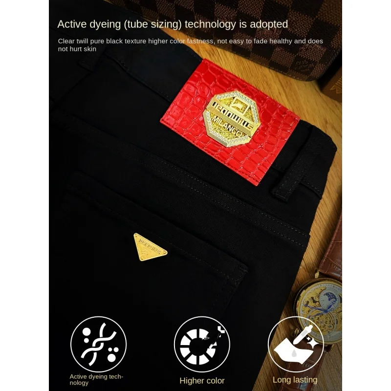 2024 New All-Matching Jeans Men's Black White High-End Fashion Business Casual Stretch Slim Trousers
