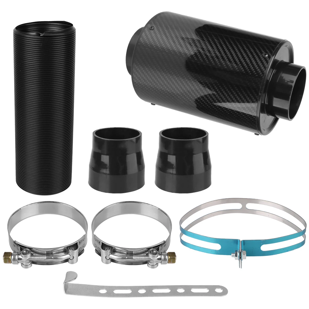Car Carbon Fibre Cold Air Filter Feed Enclosed Intake Induction Fiber Intake Filter Box Universal 1 Set Pipe Hose Kit