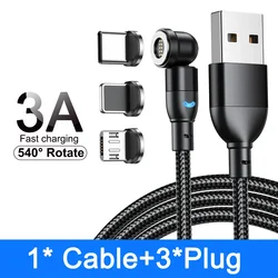 Enhanced Magnetic Fast Charging Cable 3A - Rotatable USB Type C Data Cord - 0.5M(1.6ft) (Black with 3Tips)