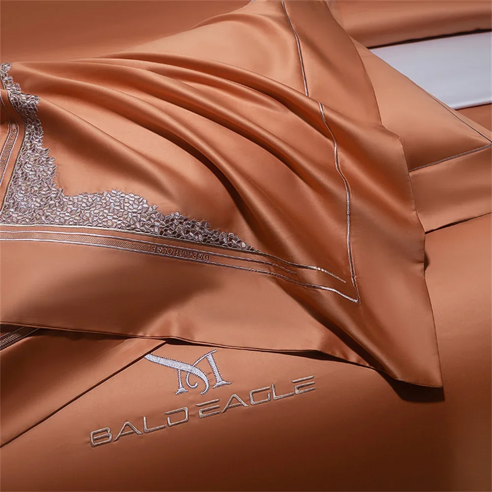 Svetanya Orange Egyptian Cotton Satin Jacquard Embroidery bedding set King Queen Bed Lines Elastic Sheet Pillowcase Duvet Cover - Image 4