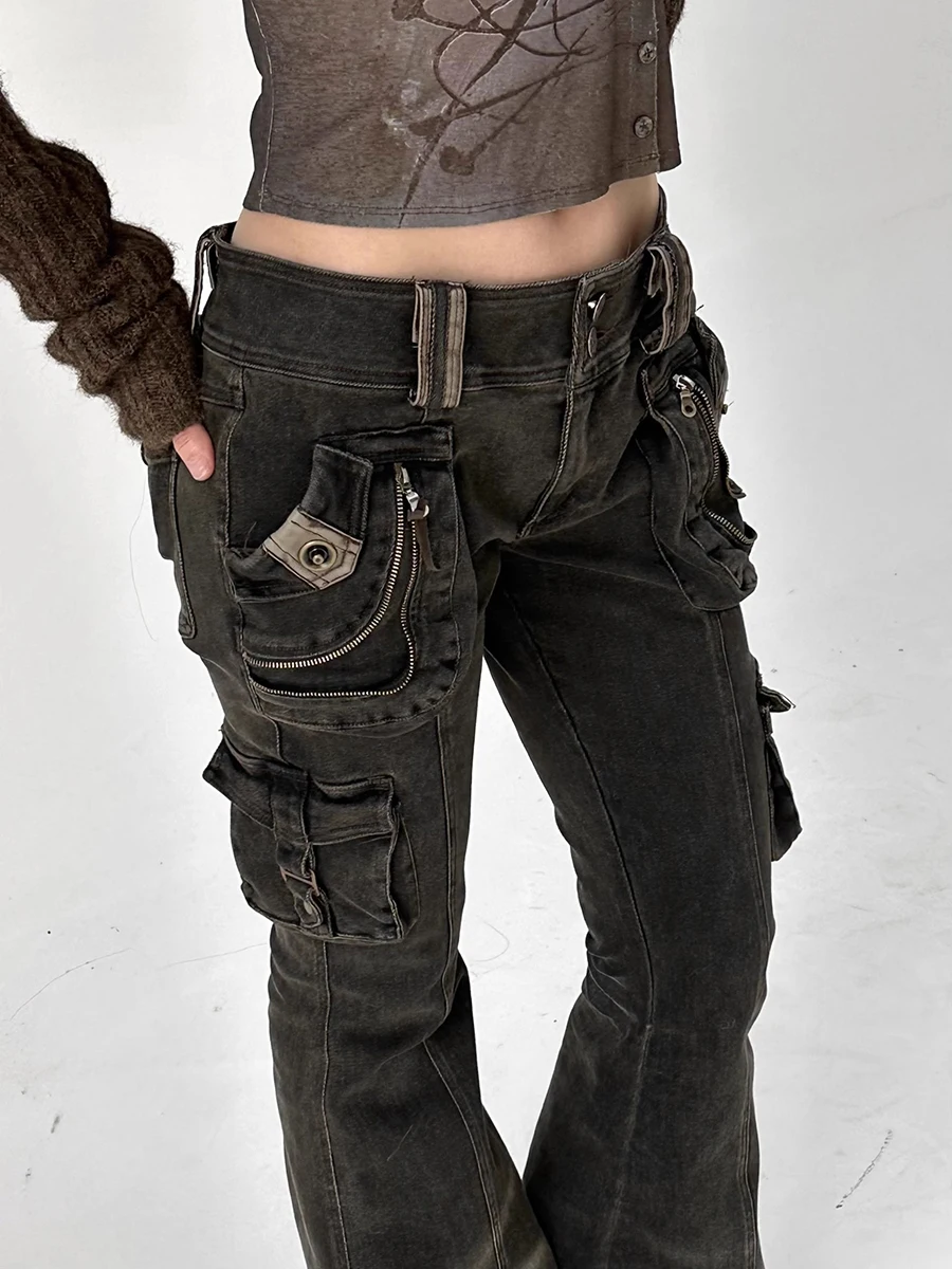 REDDACHiC Dual-Button Low Rise Women Cargo Pants Grunge Zipper Decor Pockets Do Old Whiskers Flare Jeans Grayu Y2k Streetwear 5
