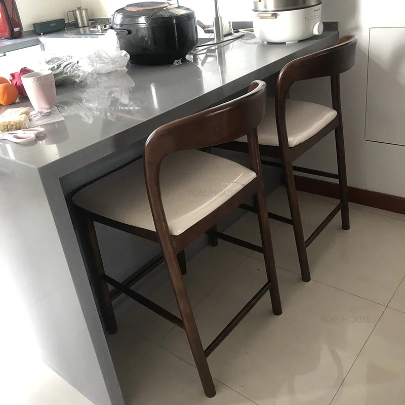 Nordic Solid Wood Bar Chairs Light Luxury Bar Stool Home Kitchen High Stools Simple Front Desk Reception Chair with Back
