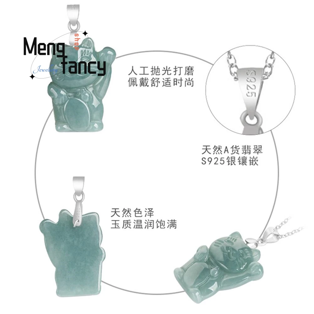 Natural A-goods Jadeite Blue Water Fortune Cat Jade Pendant S925 Silver Inlay Exquisite Cute Mascot Fashion Jewelry